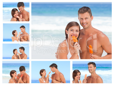 Collage of a lovely couple eating some ice creams on a beach