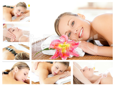Collage of a young girl being massaged while relaxing