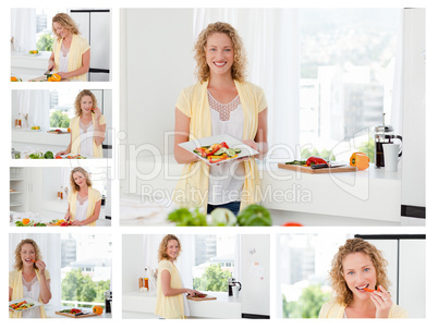 Collage of a beautiful woman cooking and eating some vegetables