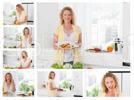 Collage of a beautiful woman cooking and eating some vegetables