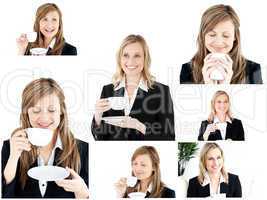 Collage of two blonde women enjoying some coffee