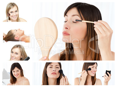 Collage of beautiful women putting make-up on