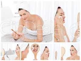 Collage of a gorgeous brunette woman putting make-up on