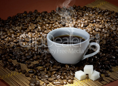 Coffee cup with sugar on roasted beans