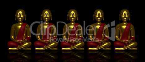 Five golden Buddhas on black