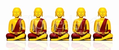 Five golden Buddhas on white - red