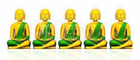 Five golden Buddhas on white - green