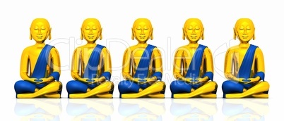 Five golden Buddhas on white - blue