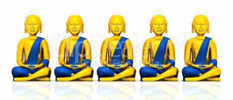 Five golden Buddhas on white - blue