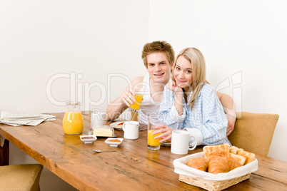 Breakfast happy couple enjoy romantic morning