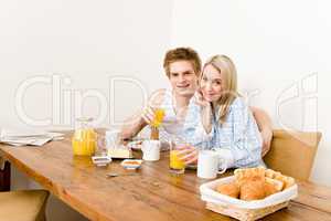 Breakfast happy couple enjoy romantic morning