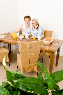 Breakfast happy couple enjoy romantic morning