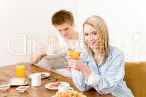 Breakfast happy couple enjoy fresh morning