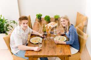 Dinner romantic couple enjoy wine eat pasta