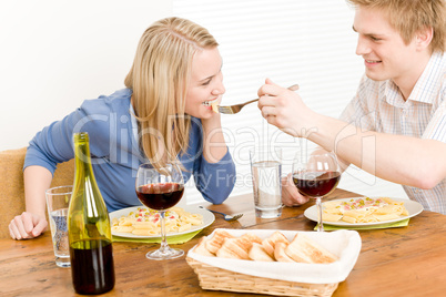Dinner romantic couple enjoy wine eat pasta