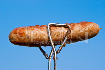 Bratwurst wird mit einer Zange in den Himmel gehalten