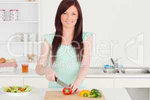 Beautiful red-haired woman cutting some vegetables in the kitche