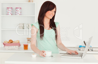 Beautiful red-haired female relaxing with her laptop in the kitc