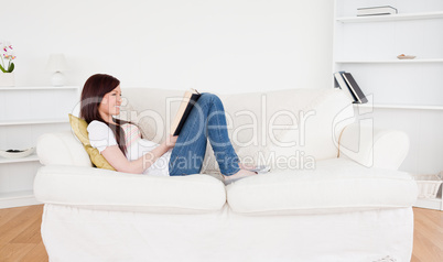 Good looking red-haired woman reading a book while lying on a so