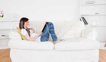 Good looking red-haired woman reading a book while lying on a so