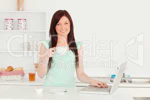 Charming red-haired female relaxing with her laptop in the kitch