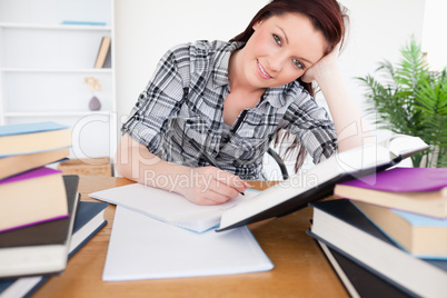 Good looking red-haired female studying at her desk