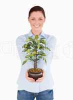 Gorgeous red-haired female holding a houseplant while standing