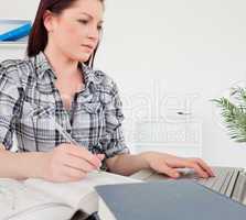 Young beautiful red-haired girl relaxing with a laptop while stu