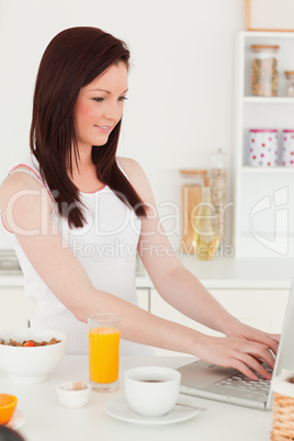 Young attractive red-haired woman relaxing with her laptop in th
