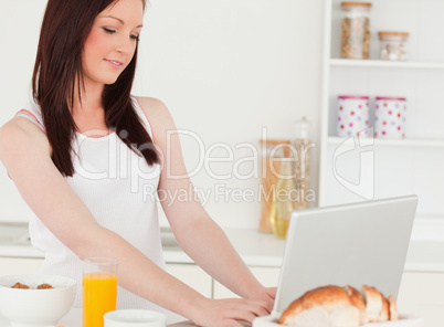 Good looking red-haired woman relaxing with her laptop in the ki