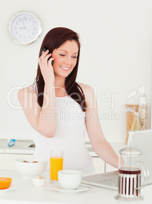 Beautiful red-haired woman relaxing with her laptop in the kitch