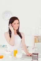 Pretty red-haired woman relaxing with her laptop in the kitchen