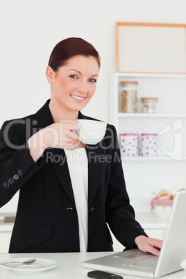 Beautiful red-haired woman in suit relaxing with her laptop whil