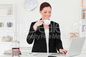 Good looking red-haired woman in suit relaxing with her laptop i