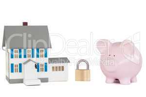 House locked with padlock and pink piggy bank