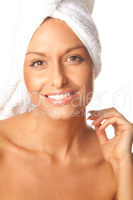 Closeup portrait of young beautiful woman after bath - spa