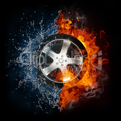 Car Wheel in Flame and Water
