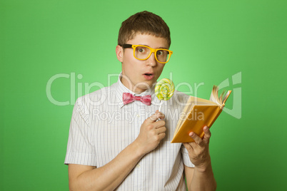 Young man bookworm reading