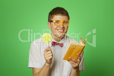 Young man bookworm reading