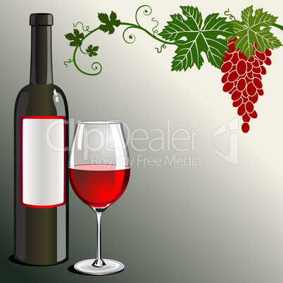 Glass of red wine with bottle and grapes on green