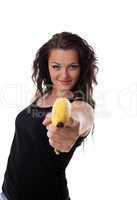 young woman shoot with banana gun