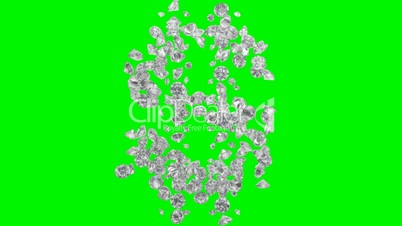 Diamonds US dollar symbol scattering with slow motion over green screen