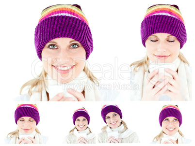 Collage of a young woman with winter hat drinking something hot