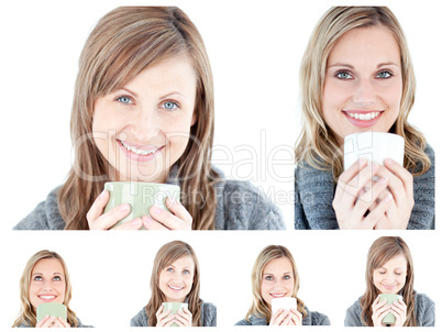 Collage of young women drinking a hot drink