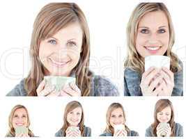 Collage of young women drinking a hot drink