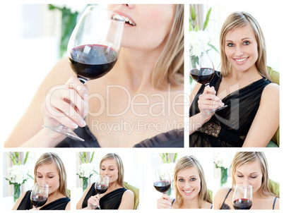 Collage of a beautiful woman holding a glass of red wine in the