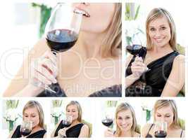 Collage of a beautiful woman holding a glass of red wine in the