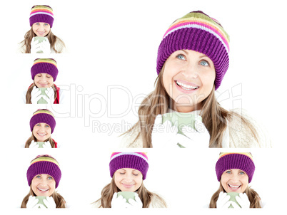 Collage of a young woman having a hot drink