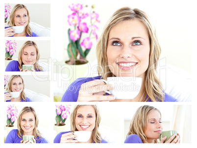 Collage of a young blonde woman drinking a cup of coffee