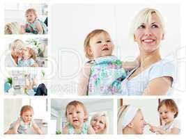 Collage of a blonde woman holding a baby in the living room